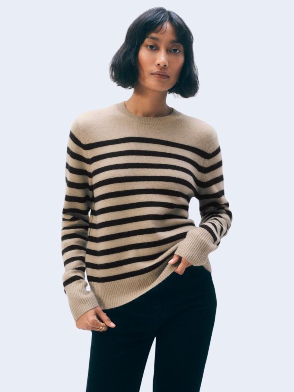 White & Warren - Cashmere Ribbed Trim Cashmere Crewneck Sweater - Sz S